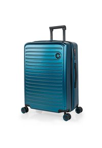 Maleta rígida en color teal metálico con un diseño acanalado, manija telescópica y cuatro ruedas giratorias para mayor movilidad. Cuenta con un cierre de cremallera.