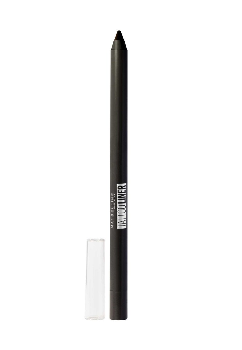 Matita per eyeliner nera con punta appuntita, con finitura opaca e cappuccio trasparente. Marchio visibile di lato in testo bianco.