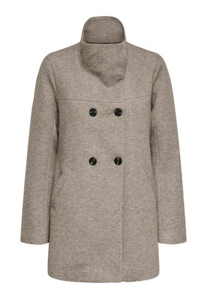 Manteau en laine marron clair à double boutonnage avec quatre boutons noirs, col haut, manches longues et poches latérales, montré de face.