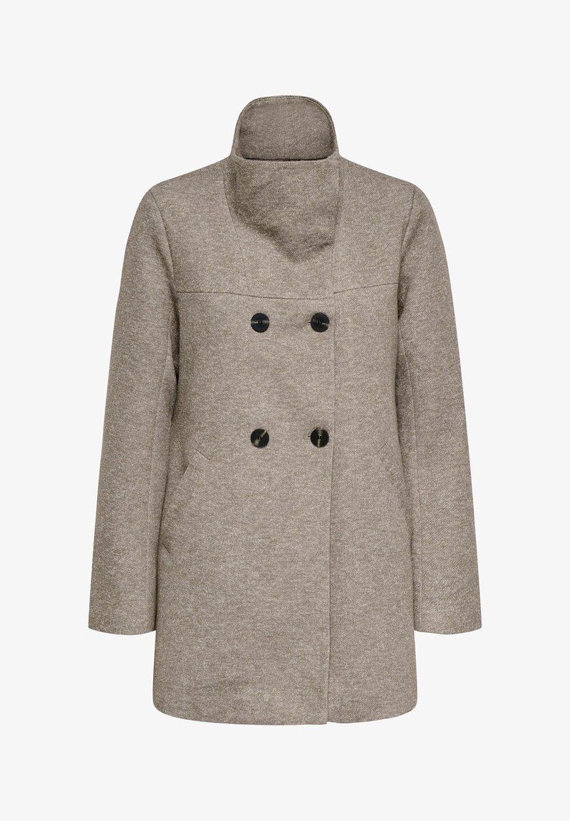 Manteau en laine marron clair à double boutonnage avec quatre boutons noirs, col haut, manches longues et poches latérales, montré de face.