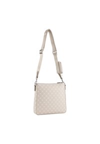 Béžová crossbody taška s vzorovaným povrchom, s plochým dizajnom, nastaviteľným popruhom, striebornými doplnkami a zipsovým uzáverom.