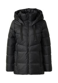 Czarna kurtka puchowa z kapturem, z zamkiem z przodu, pikowany design, z regulowanymi sznurkami i dwoma bocznymi kieszeniami.