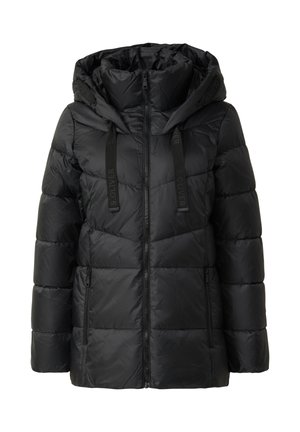 Czarna kurtka puchowa z kapturem, z zamkiem z przodu, pikowany design, z regulowanymi sznurkami i dwoma bocznymi kieszeniami.