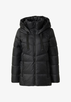 Black puffer jacket with a hood, featuring a zip front, quilted design, adjustable drawstrings, and two side pockets.