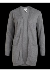 Long-sleeve, open-front gray cardigan with two front pockets and ribbed cuffs and hem on a black background.