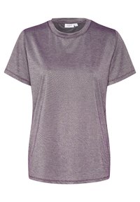 Kortärmad T-shirt i ett metalliskt lila tyg med subtil lyster, rund hals och avslappnad passform. Sömnadsdetaljer på axlarna.