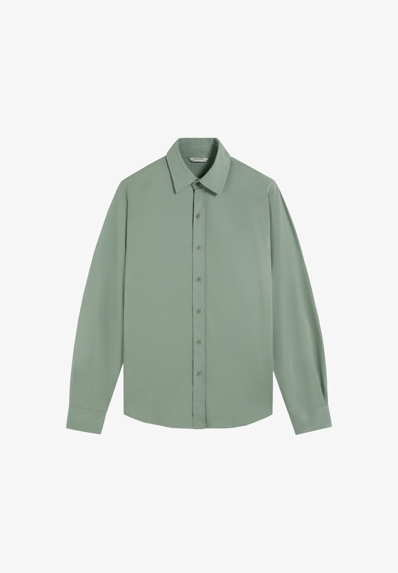 Jasnozielona koszula z długim rękawem, wykonana z gładkiego materiału, z klasycznym kołnierzykiem i zapięciem na guziki z przodu.