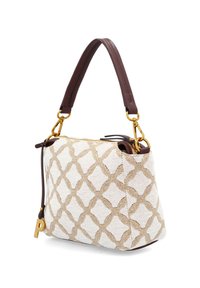 Small rectangular beige and white patterned handbag with dark brown leather handle and gold hardware, including a letter "P" charm.