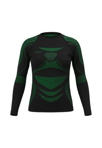 Black long-sleeve compression shirt featuring green horizontal and vertical lines, textured accents, and a fitted design. Brand logo displayed.