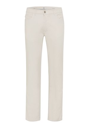 Beige Hose mit geradem Bein, vorn mit Knopf und Reißverschluss, Seitentaschen und Münztasche, aus glattem Stoff gefertigt.