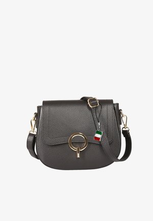 Dark gray textured leather crossbody bag with gold circular clasp and adjustable strap, featuring small Italian flag charm on strap.