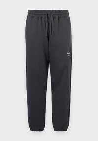 Dunkelgraue Jogginghose mit elastischem Bund und Kordelzug. Elastische Bündchen, weicher Stoff und weißer Schriftzug auf dem linken Oberschenkel vorne.