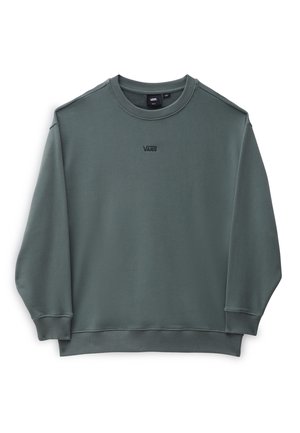 Ciemnozielona bluza Vans z okrągłym dekoltem, długimi rękawami i małym czarnym logo Vans na środku klatki piersiowej.