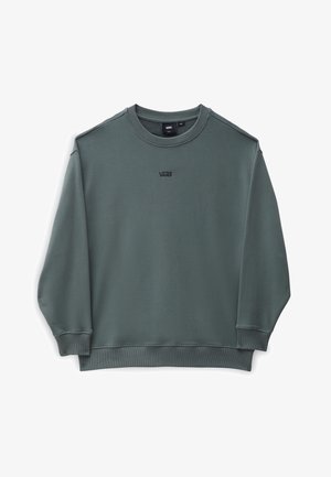 Ciemnozielona bluza Vans z okrągłym dekoltem, długimi rękawami i małym czarnym logo Vans na środku klatki piersiowej.