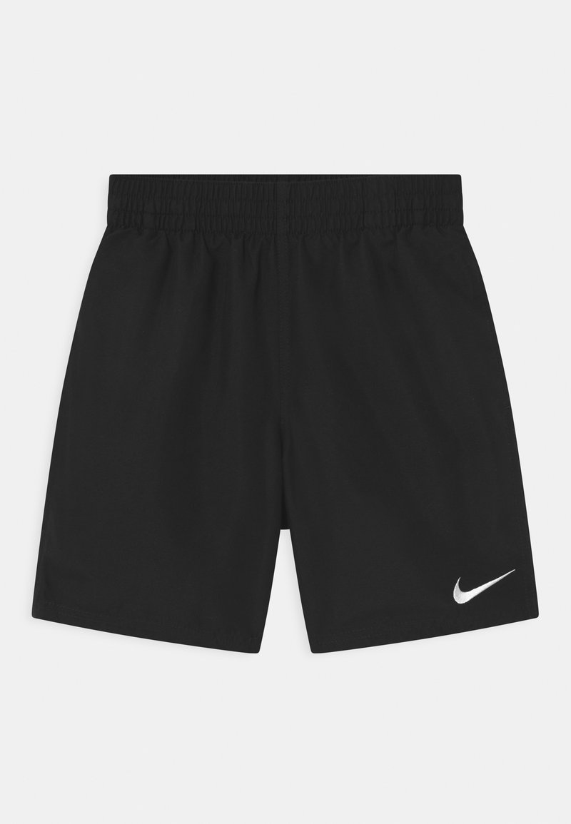 Black athletic shorts with an elastic waistband. Features a small silver Nike logo on the lower left front. Smooth, lightweight fabric.