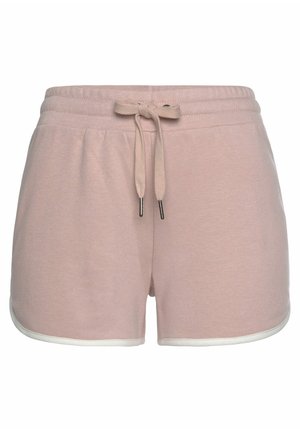 Light pink cotton shorts with an elastic waistband and drawstring closure. Features white trim along the hem for contrast.
