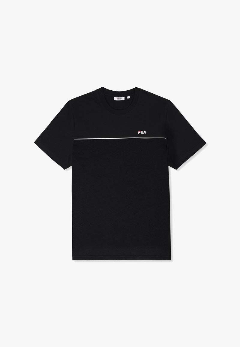 Zwart FILA T-shirt met korte mouwen, een witte horizontale streep over de borst en een klein FILA-logo op de linkerborst.