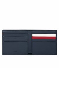 Navy leather wallet with multiple card slots. Interior features white and red horizontal stripes. Smooth texture, clean lines, and minimal branding.