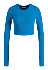 Modrý, krátký top s dlouhým rukávem vyrobený z jemného žebrovaného materiálu s kulatým výstřihem. Má přiléhavou siluetu a hladkou texturu.