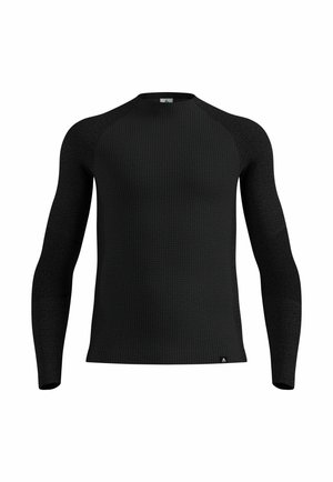 T-shirt thermique noir à manches longues avec un design texturé en côtes. Dispose de manches raglan et d'une silhouette ajustée.