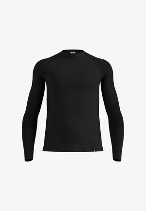 T-shirt thermique noir à manches longues avec un design texturé en côtes. Dispose de manches raglan et d'une silhouette ajustée.