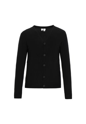 Schwarze Strickjacke mit V-Ausschnitt, langen Ärmeln und sechs schwarzen Knöpfen vorne. Verfügt über eine glatte Textur und eine taillierte Passform.