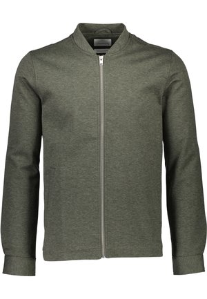 Grön zip-up jacka i texturerat tyg, med ståkrage och långa ärmar. Designen är enkel utan ytterligare mönster.