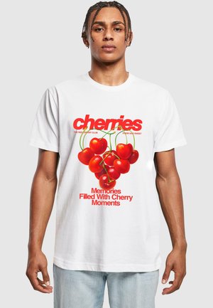 White cotton t-shirt featuring a colorful cherry graphic and red text that reads "cherries" and "Memories Filled With Cherry Moments."
