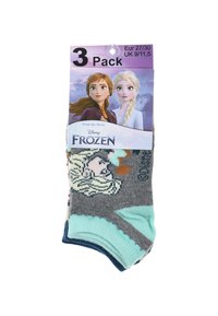 Pack de tres pares de calcetines infantiles en una mezcla de colores: gris, verde azulado y crema. Cada par presenta diseños de personajes de Disney's Frozen.