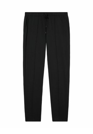 Pantalons noirs à taille élastique avec cordon de serrage, dotés de poches latérales et d'une texture lisse, conçus avec une coupe droite.