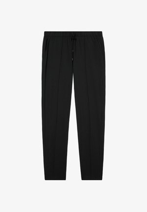 Schwarze elastische Hose mit Gummizug, seitlichen Taschen und glatter Textur, gestaltet mit einer geraden Beinform.