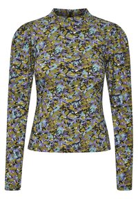 Maglietta a maniche lunghe con un design aderente in un motivo floreale astratto multicolore con accenti verdi, viola e neri, realizzata in tessuto elasticizzato.