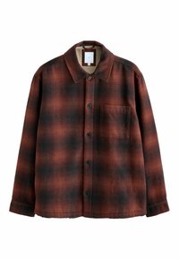 Flanelljacke in rot-schwarzem Karomuster. Verfügt über einen Kragen, vordere Knöpfe und eine Brusttasche. Die Textur wirkt weich und warm.