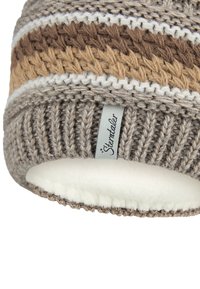 Knit winter hat with brown, beige, and white stripes, soft white fleece lining, and a label reading "Sterntaler."
