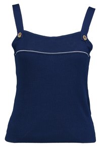 Námořnický pruhovaný top s širokými ramínky, zdobený dvěma dekorativními knoflíky a bílou prošitou linkou v oblasti hrudi.