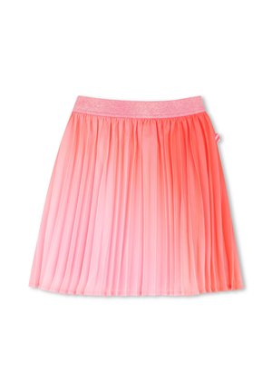 Falda plisada rosa con una cinturilla elástica ancha y brillante, de longitud hasta la rodilla, y textura de tela suave sobre un fondo blanco.