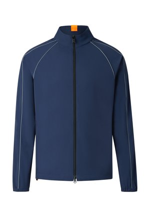 Marineblauwe jack met volledige ritssluiting, hoge kraag, elastische manchetten en smalle reflecterende biezen langs de mouwen en schouders.