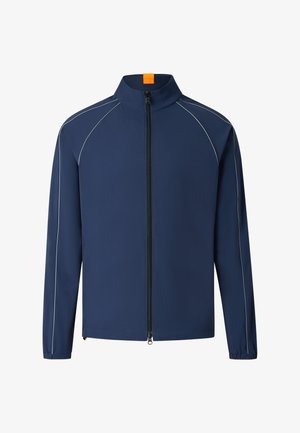 Marineblaue Jacke mit durchgehendem Reißverschluss, hohem Kragen, elastischen Bündchen und schlanken reflektierenden Paspeln entlang der Ärmel und Schultern.