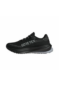 Black running shoe with a breathable mesh upper and Gore-Tex branding. Features a sleek design, textured sole, and grey accents.