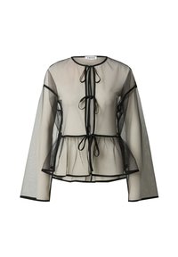 Durchsichtige schwarze Bluse mit langen Ärmeln, rundem Ausschnitt, Vorderbindeschluss und gerafftem Peplumsaum auf weißem Hintergrund.