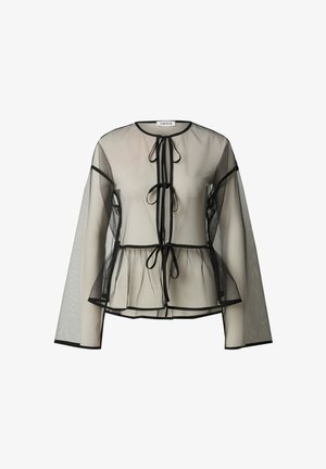 Durchsichtige schwarze Bluse mit langen Ärmeln, rundem Ausschnitt, Vorderbindeschluss und gerafftem Peplumsaum auf weißem Hintergrund.