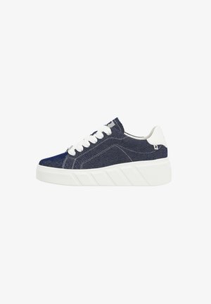 Denim sneakers with a textured dark blue upper, white laces, and a chunky white sole featuring diagonal grooves along the sides.
