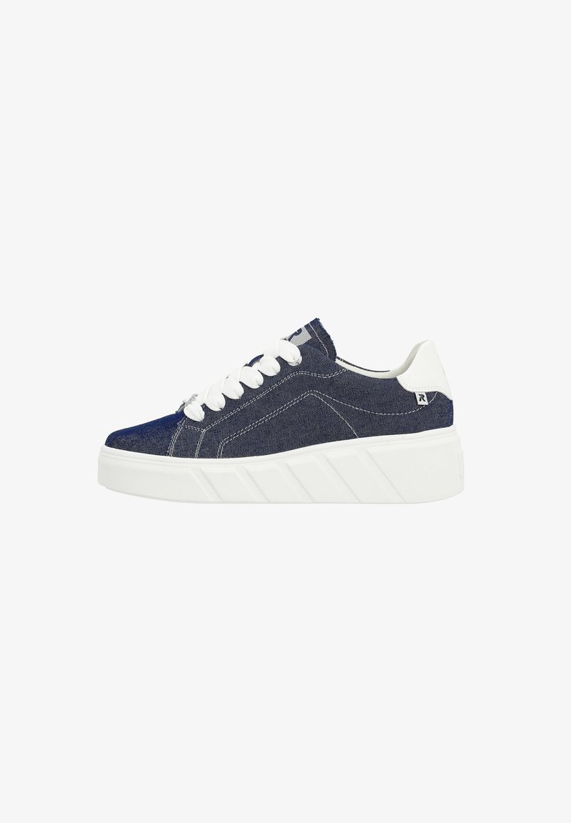 Denim sneakers with a textured dark blue upper, white laces, and a chunky white sole featuring diagonal grooves along the sides.