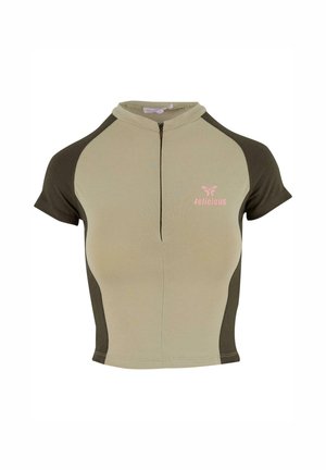 Krótki rękaw z zamkiem, w kolorze jasnej oliwkowej zieleni z ciemnooliwkowymi rękawami, z różowym logo "felicious" z przodu.