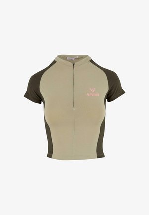 Krótki rękaw z zamkiem, w kolorze jasnej oliwkowej zieleni z ciemnooliwkowymi rękawami, z różowym logo "felicious" z przodu.