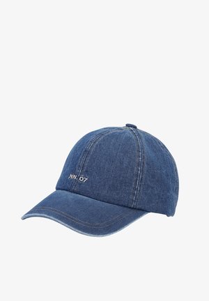 Blue denim baseball cap with curved brim and white "NN.07" embroidered on front panel, displayed on white background.