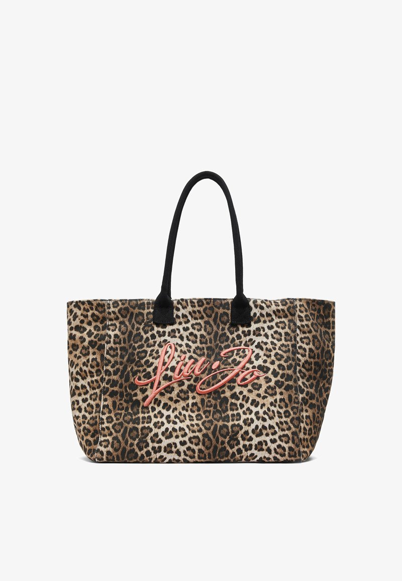Sac fourre-tout imprimé léopard avec poignées noires et grand logo "Liu Jo" rose en cursive sur le devant.