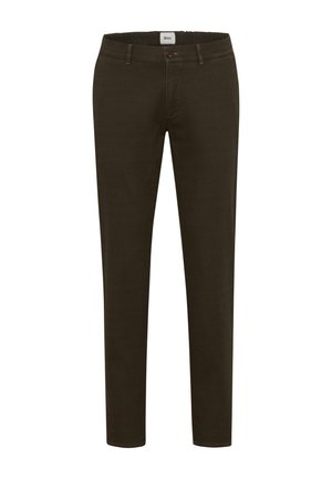 Pantaloni marroni a vestibilità slim con una texture liscia, dotati di chiusura a bottone e una cintura elastica per il comfort e la facilità di indossarli.