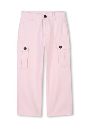 Pantalons cargo rose clair en coton, dotés de deux poches latérales, de deux fermetures à boutons et d'un design à jambes larges avec une texture subtile.