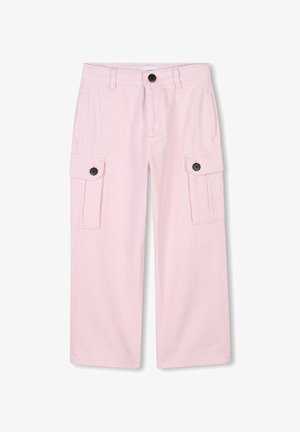 Pantaloni cargo rosa chiaro in cotone, dotati di due tasche laterali, due chiusure a bottone e un design a gamba larga con una sottile texture.